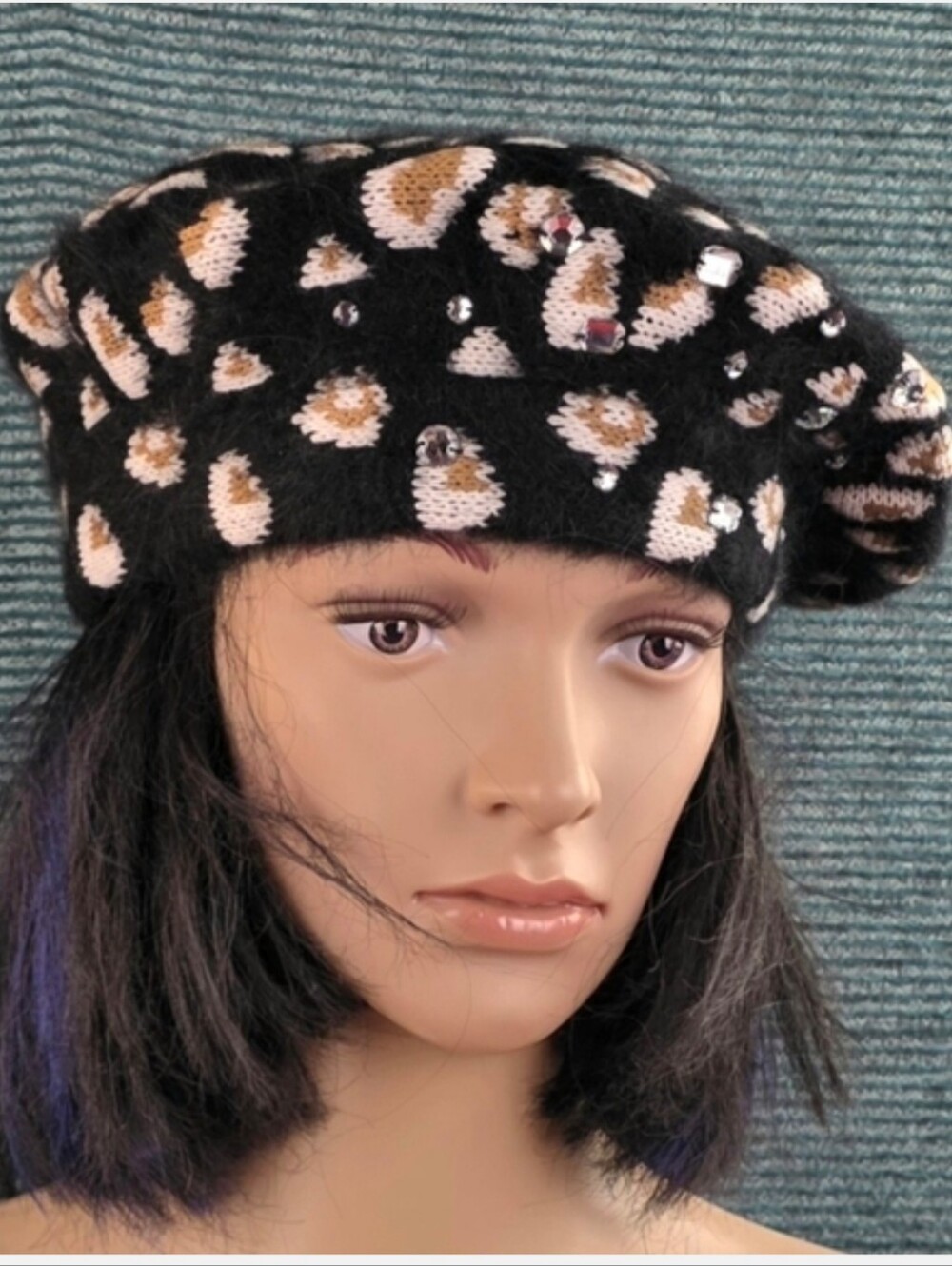 C.C Wool Blend Cheetah Print Crystal Studded Beret